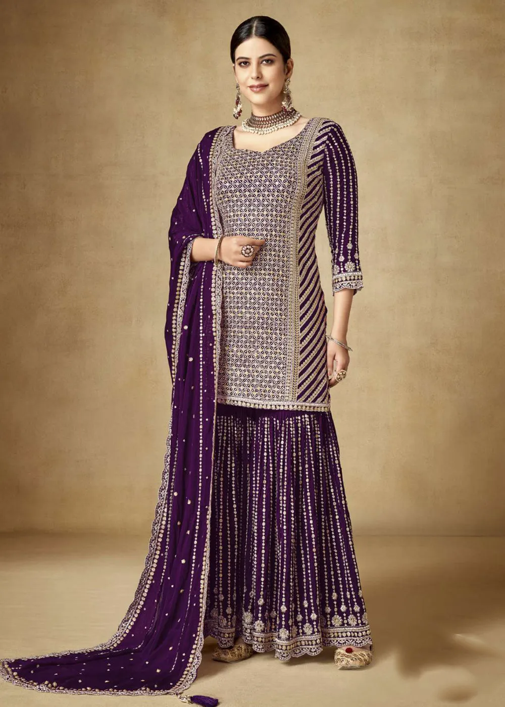 Alluring Purple Zari & Sequins Embroidered Gharara Suit