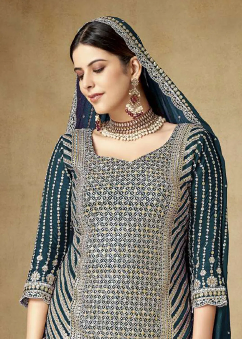 Alluring Teal Zari & Sequins Embroidered Gharara Suit