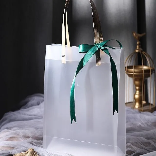 Bag with Handles Reusable White Frosted Plastic Bag for Gift