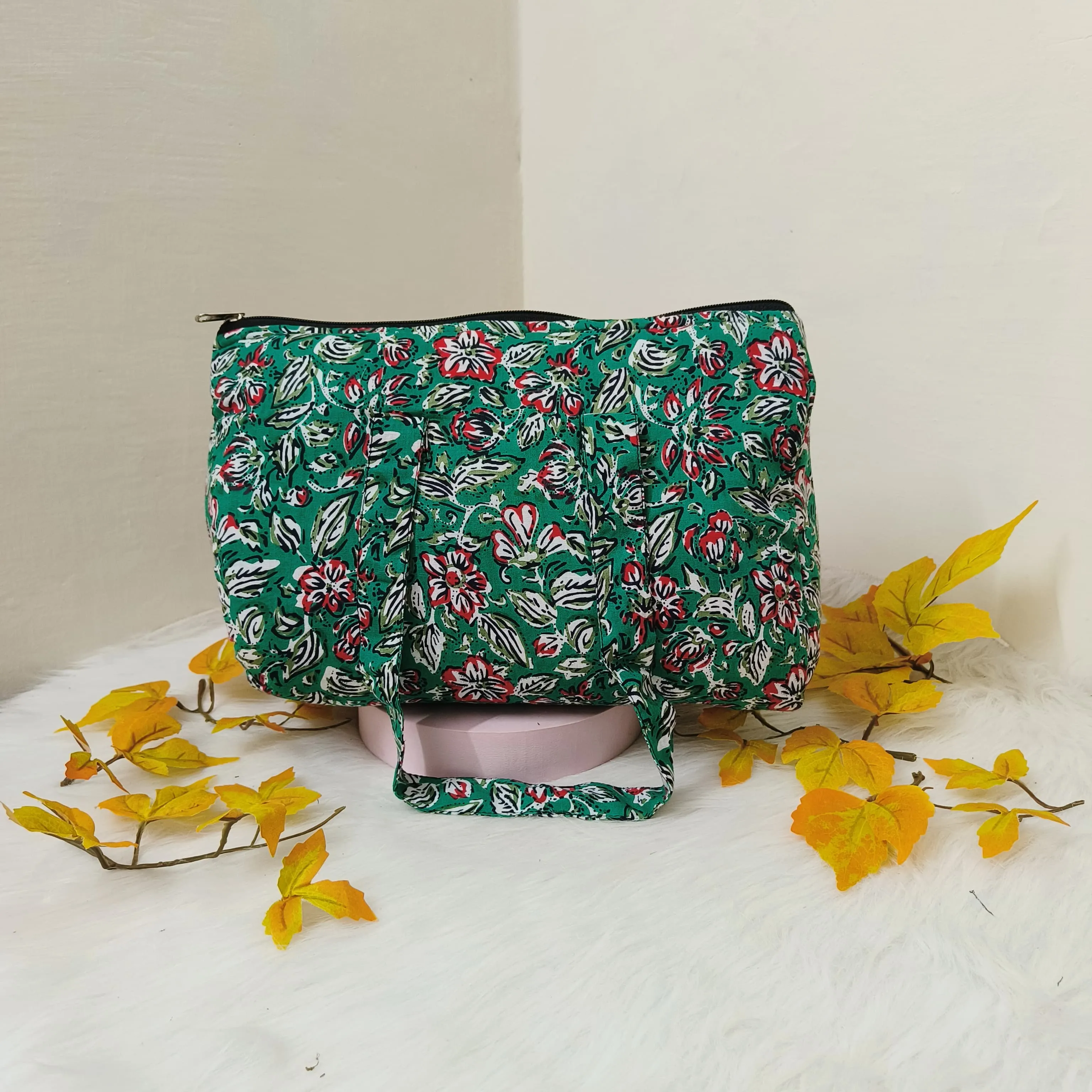 Barrel Handbags Green with Red Flower Design.