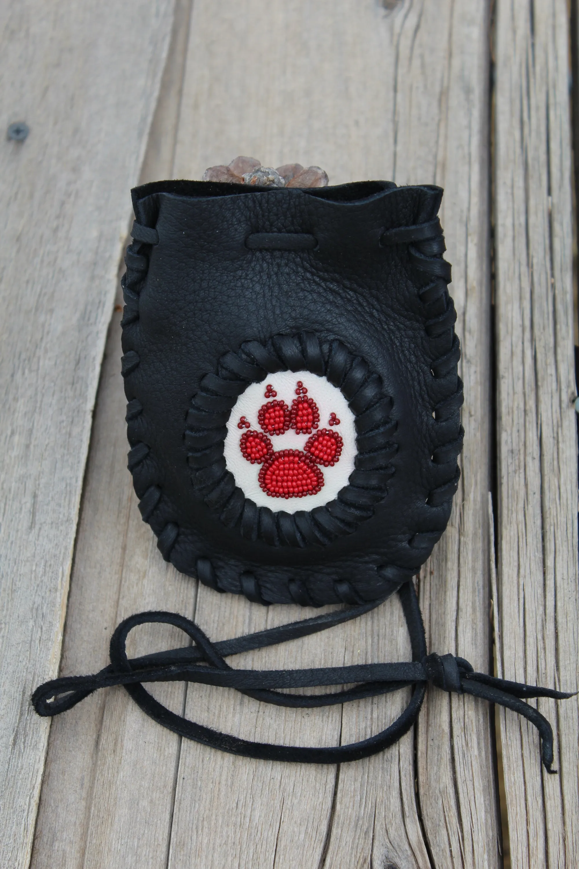 Beaded wolf paw medicine bag, leather medicine pouch