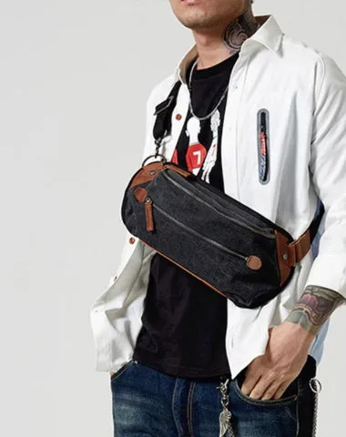 Black Canvas Leather Fanny Pack Men's Chest Bag Sling Hip Bag Canvas Waist Bag For Men