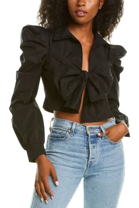 Black Puff Sleeve Front Tie Top