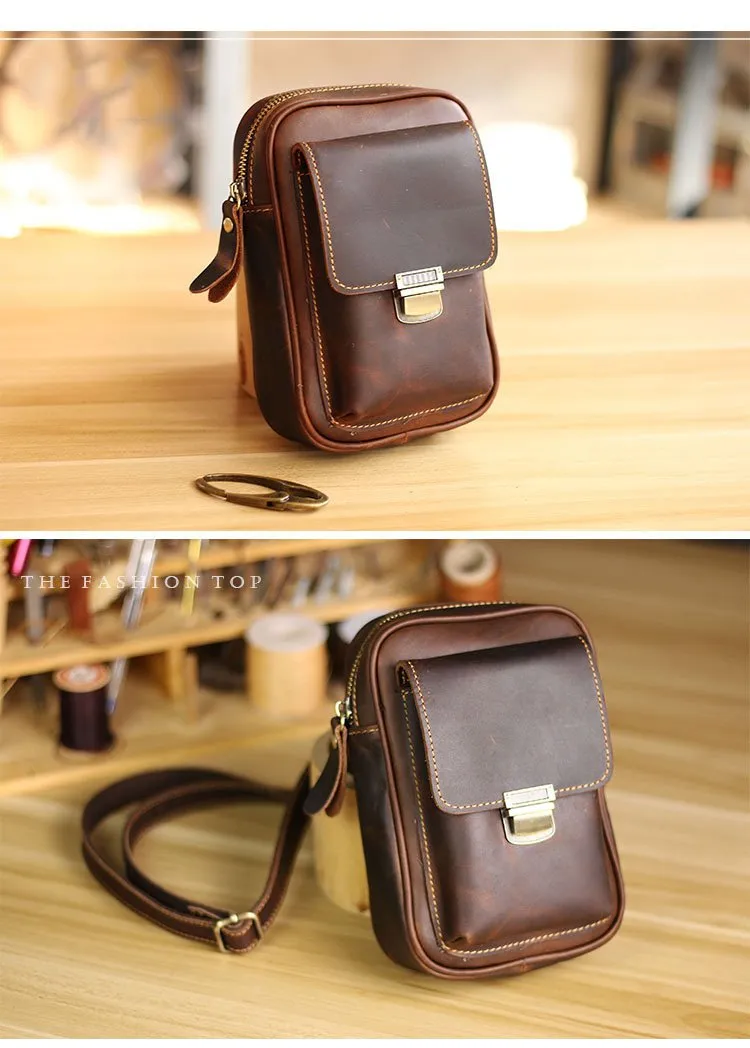 Black Vintage Leather Mens Mini Messenger Bag Waist Bag Dark Brown Belt Pouch Bag For Men