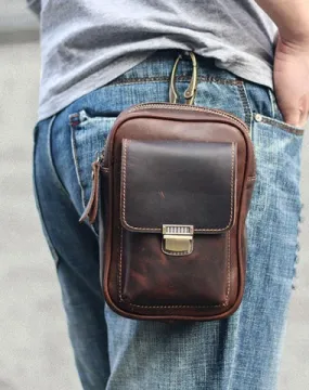 Black Vintage Leather Mens Mini Messenger Bag Waist Bag Dark Brown Belt Pouch Bag For Men