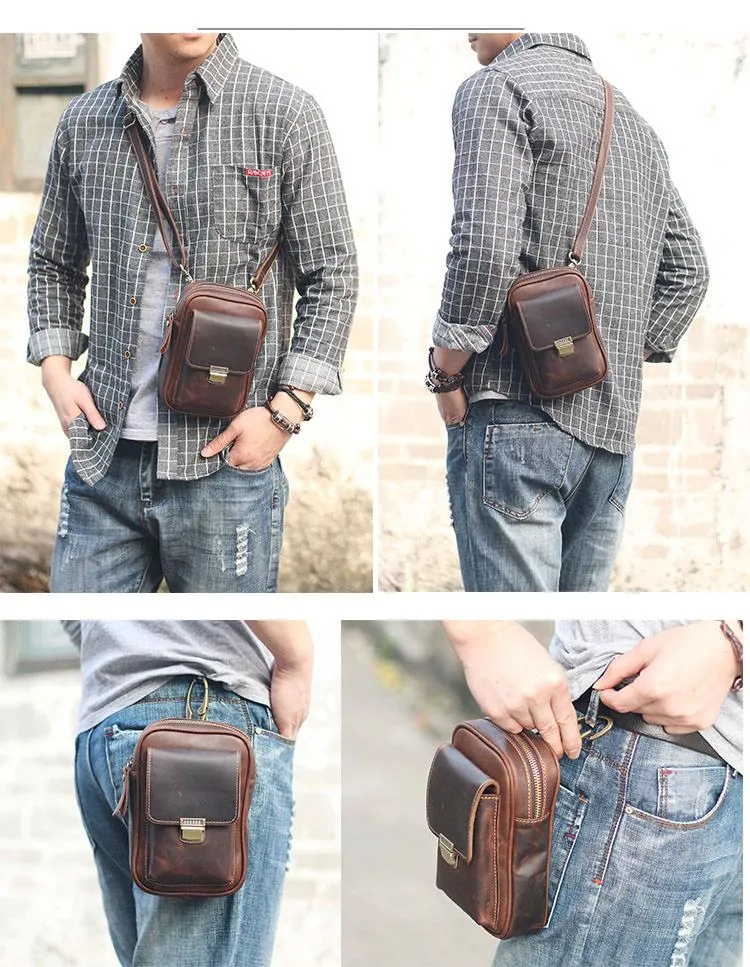 Black Vintage Leather Mens Mini Messenger Bag Waist Bag Dark Brown Belt Pouch Bag For Men