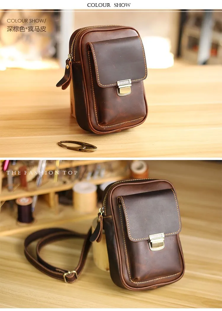 Black Vintage Leather Mens Mini Messenger Bag Waist Bag Dark Brown Belt Pouch Bag For Men