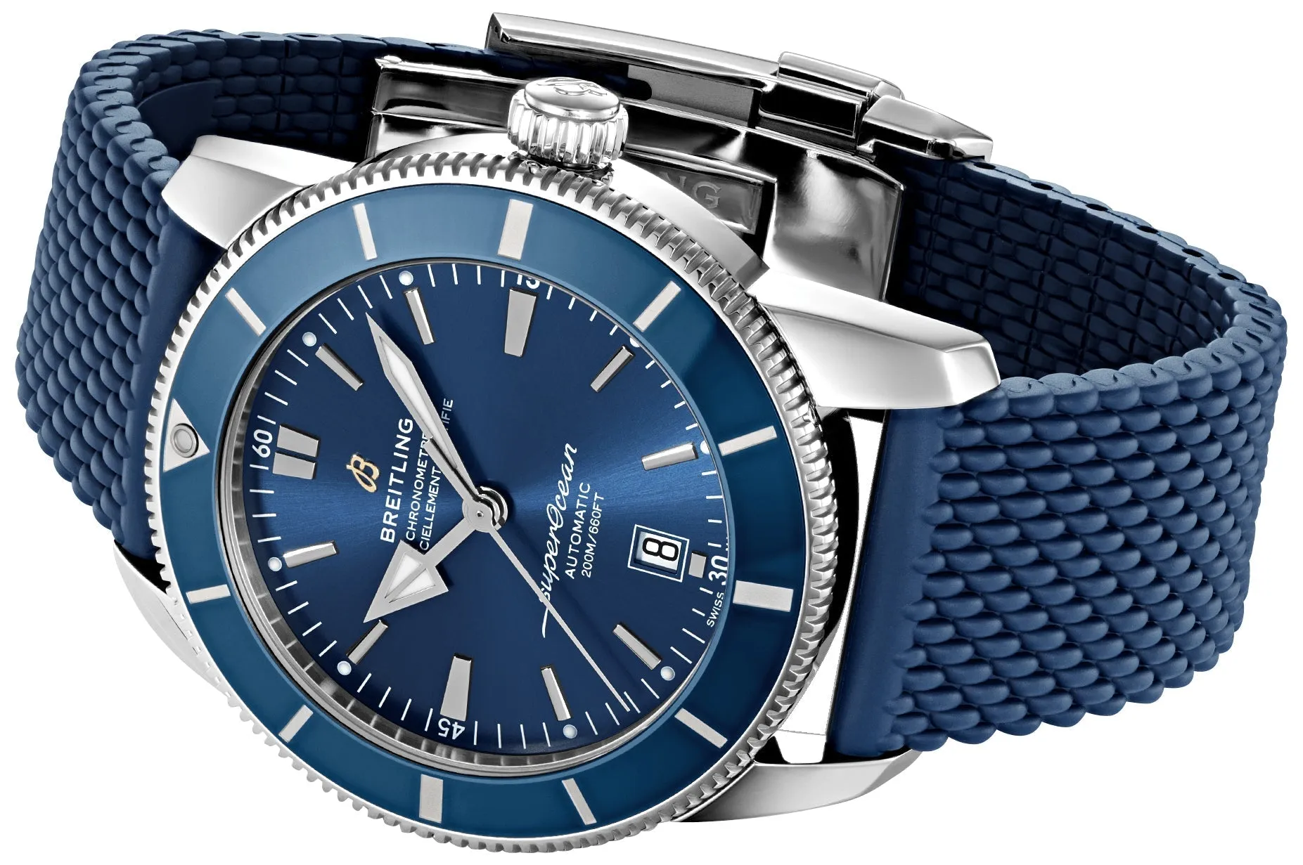 Breitling Superocean Heritage Automatic Chronometer Stainless Steel Blue Dial Blue Rubber Strap Date Divers Mens Watch Special Edition AB2020161C1S1