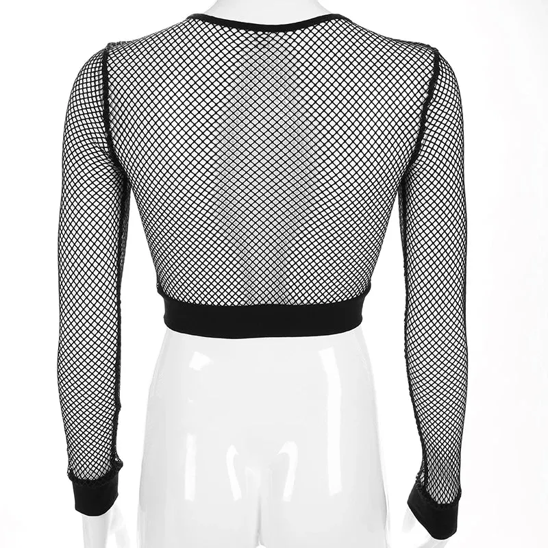 Chic Black Mesh Fishnet Top See Through Long Sleeve T Shirt Women Clothes 2022 Casual Cropped Women's T-shirts Tees