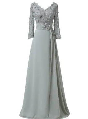 Chiffon Lace 3/4 Sleeve Double V Neck Grey Beading Mother of the Bride Dresses