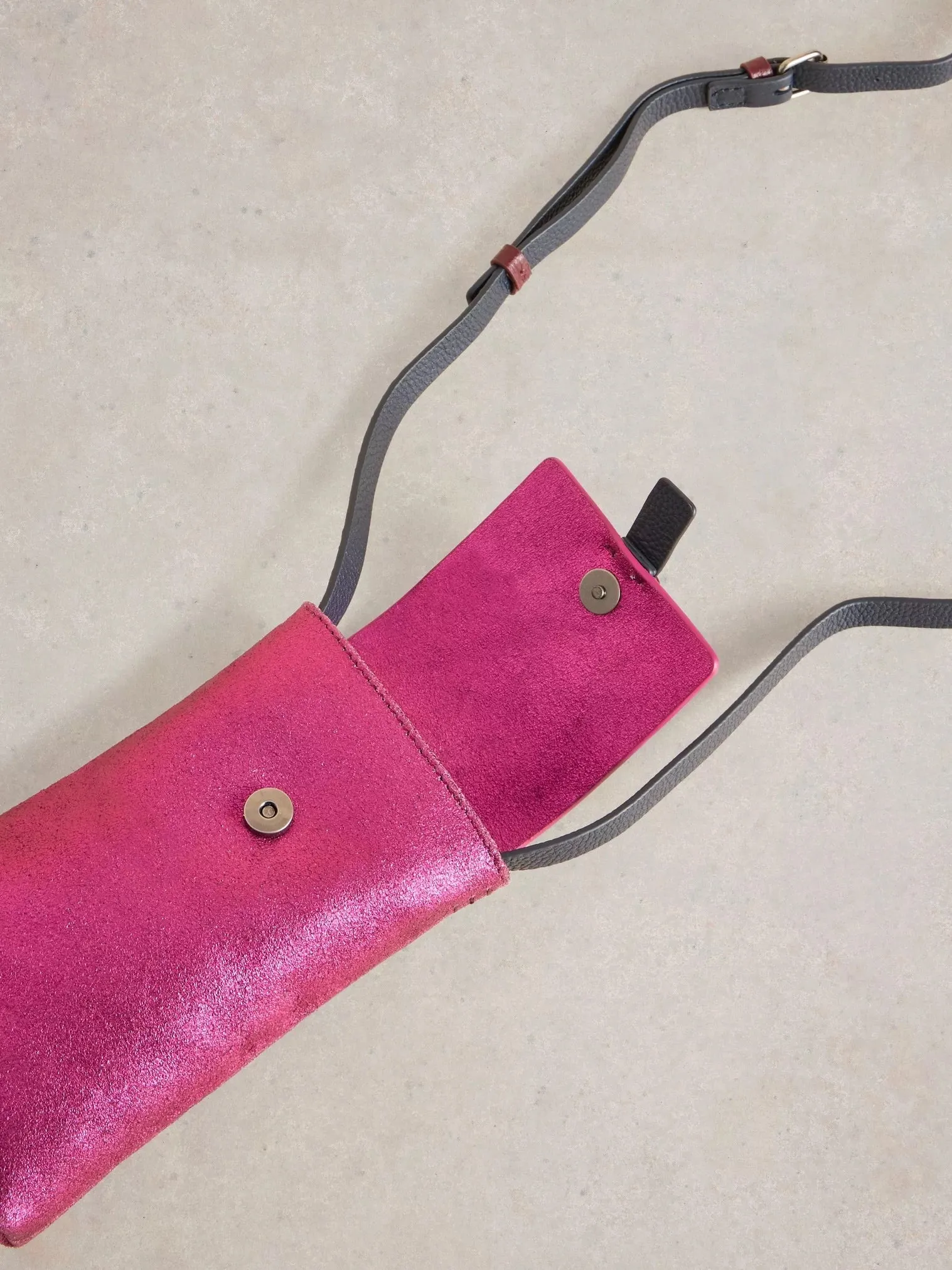 Clara Buckle Leather Phone Bag - Pink Metallic