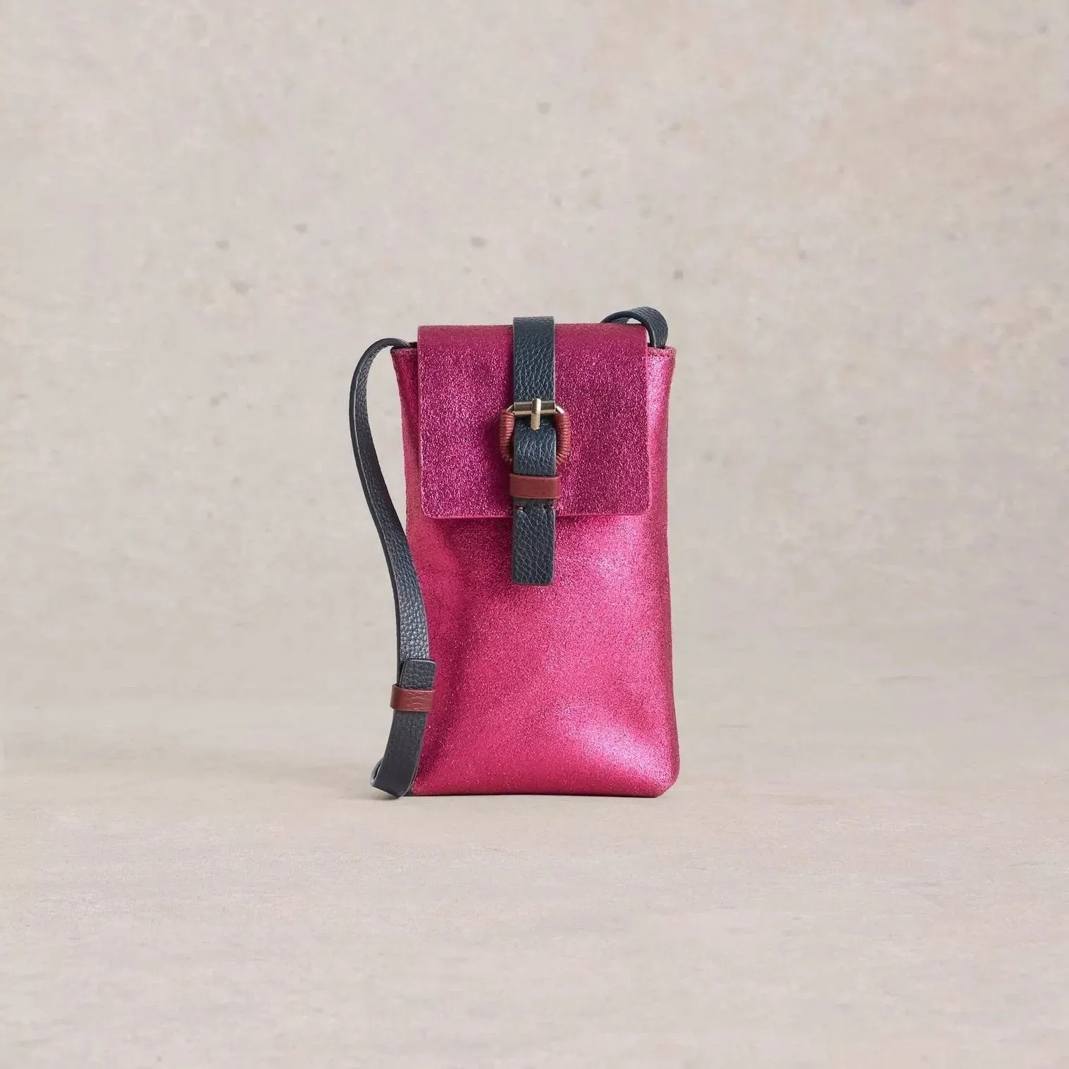 Clara Buckle Leather Phone Bag - Pink Metallic