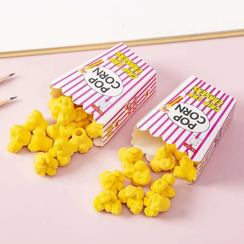 Cute Popcorn Shape Grip Cap Pencil Erasers Pack of 12