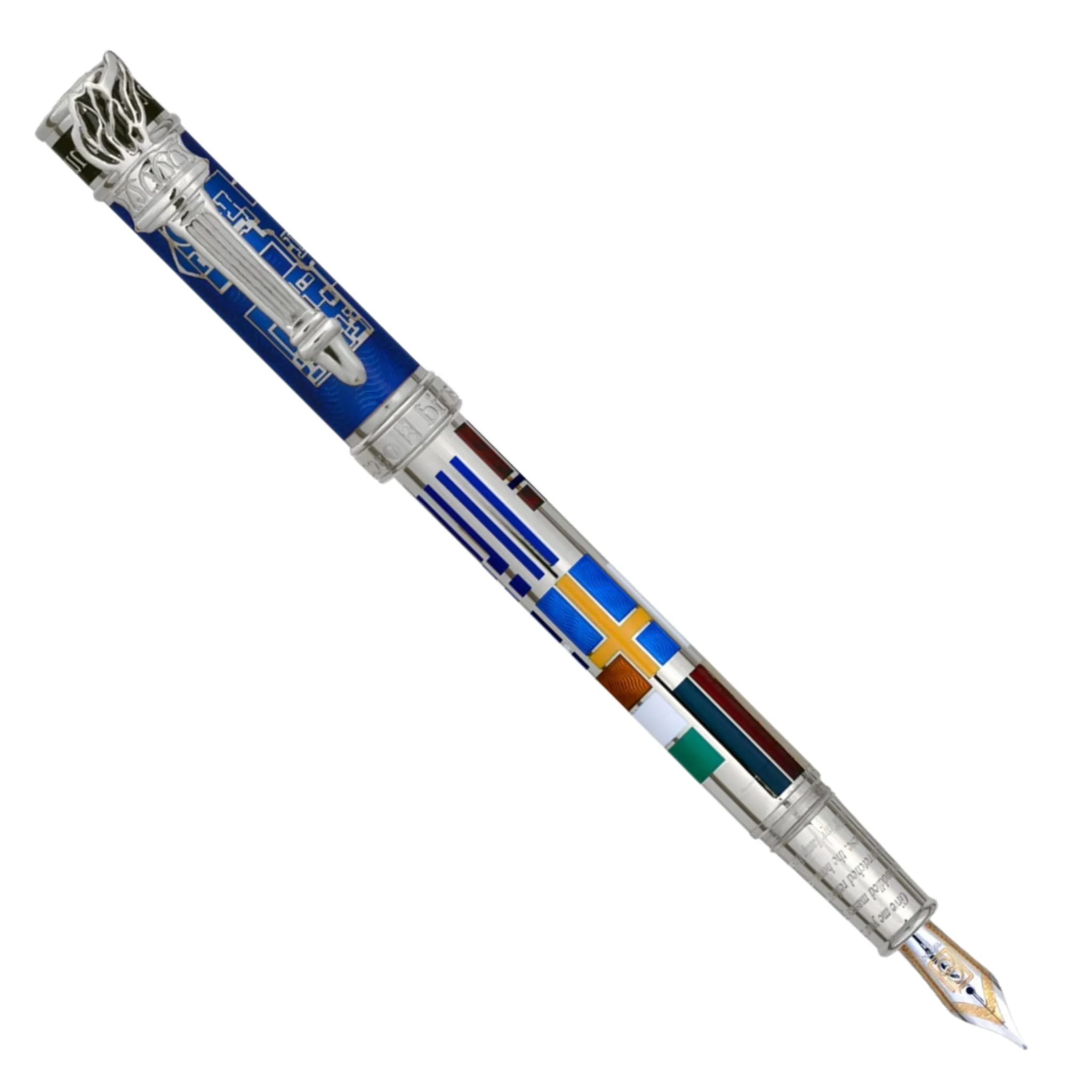 David Oscarson Ellis Island Translucent Sapphire Blue Hard Enamel with in Silver Fountain Pen