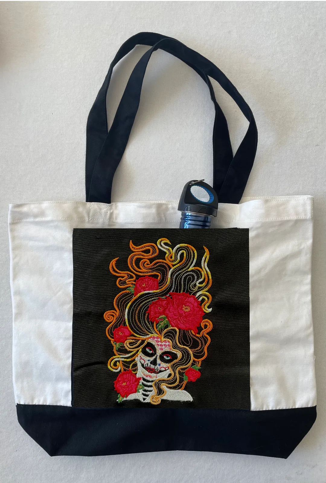 Day of The Dead Embroidered Cotton Canvas Tote Bag with Pocket