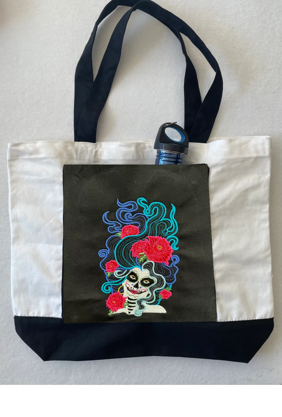 Day of The Dead Embroidered Cotton Canvas Tote Bag with Pocket