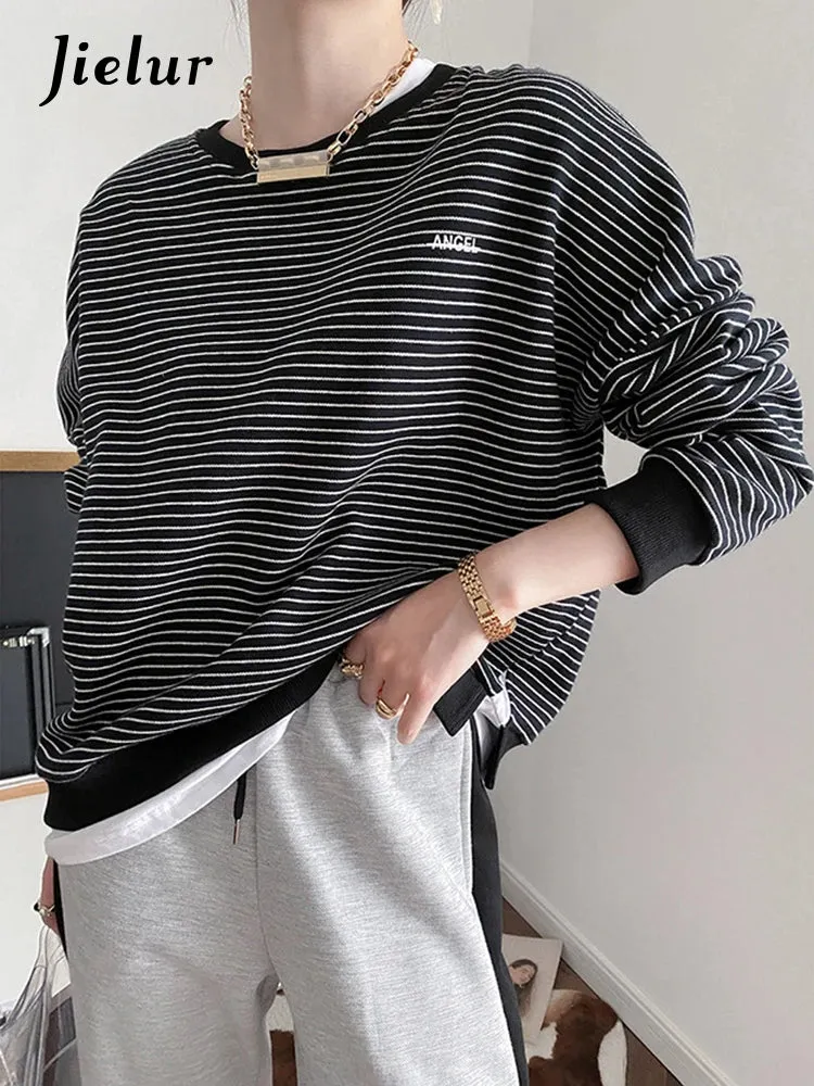 Design Sense Fake Two-Piece Striped Sweater Women's Autumn New Loose Round Neck Long-Sleeved Top