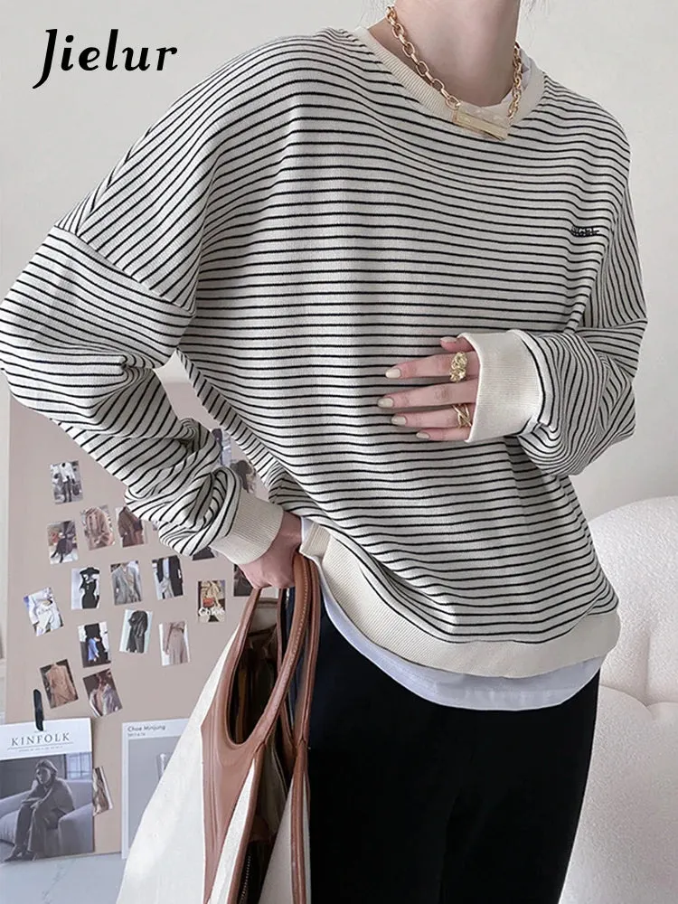 Design Sense Fake Two-Piece Striped Sweater Women's Autumn New Loose Round Neck Long-Sleeved Top