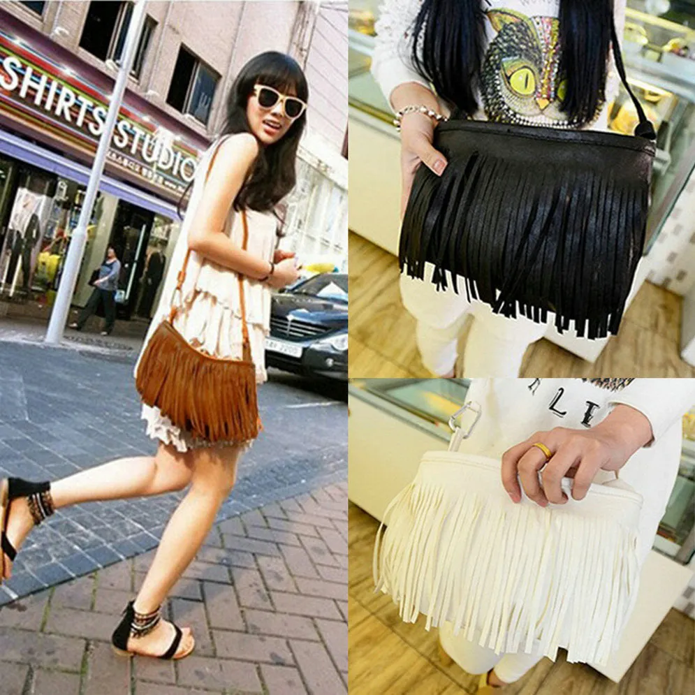 Fashion Women Punk Satchel Tassel Suede Fringe Shoulder Messenger Cross Body Bag Ladies Mini Small Casual PU Leather bags