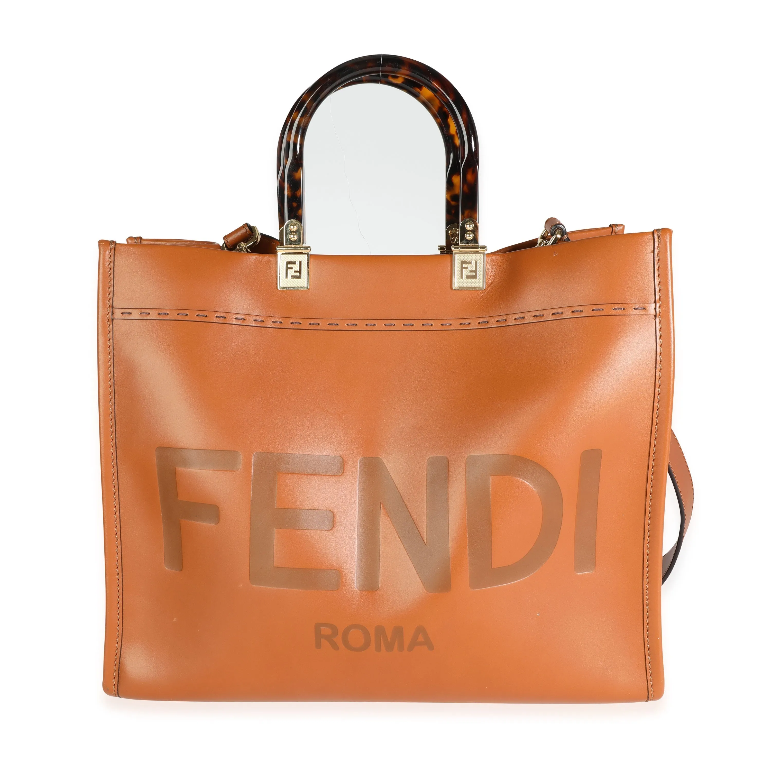 FENDI Brown Debossed Leather & Tortoiseshell Plexiglass Medium Sunshine Shopper