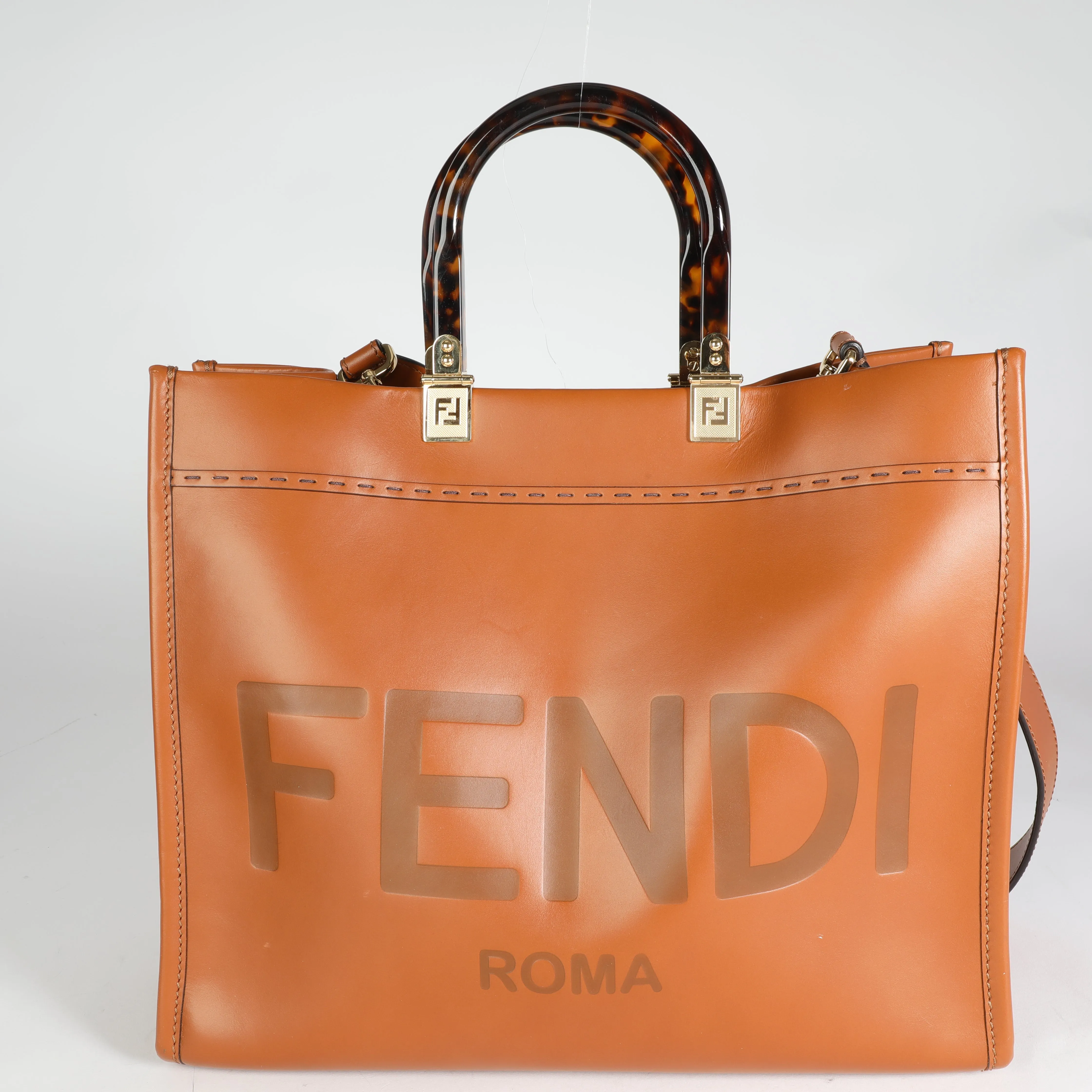 FENDI Brown Debossed Leather & Tortoiseshell Plexiglass Medium Sunshine Shopper