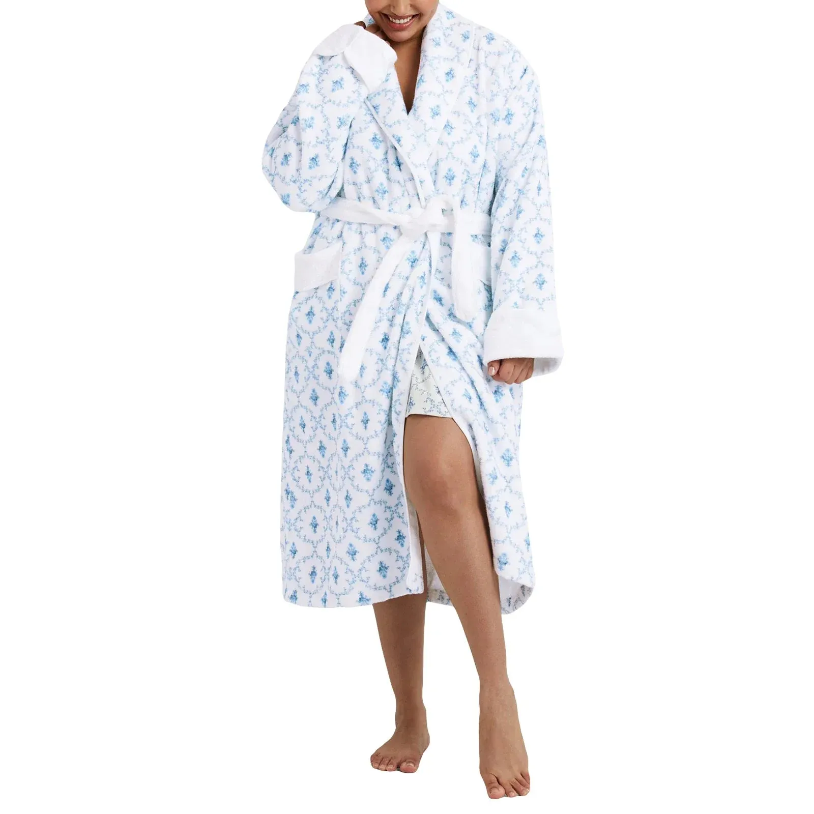 Fleece Floral Print Soft Warm Spa House Bathrobe Plush Pajamas