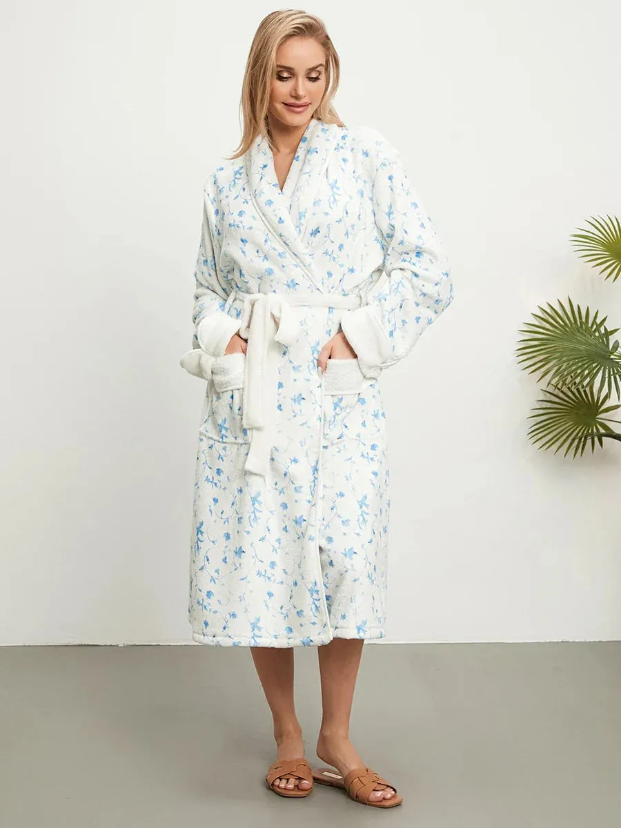 Fleece Floral Print Soft Warm Spa House Bathrobe Plush Pajamas