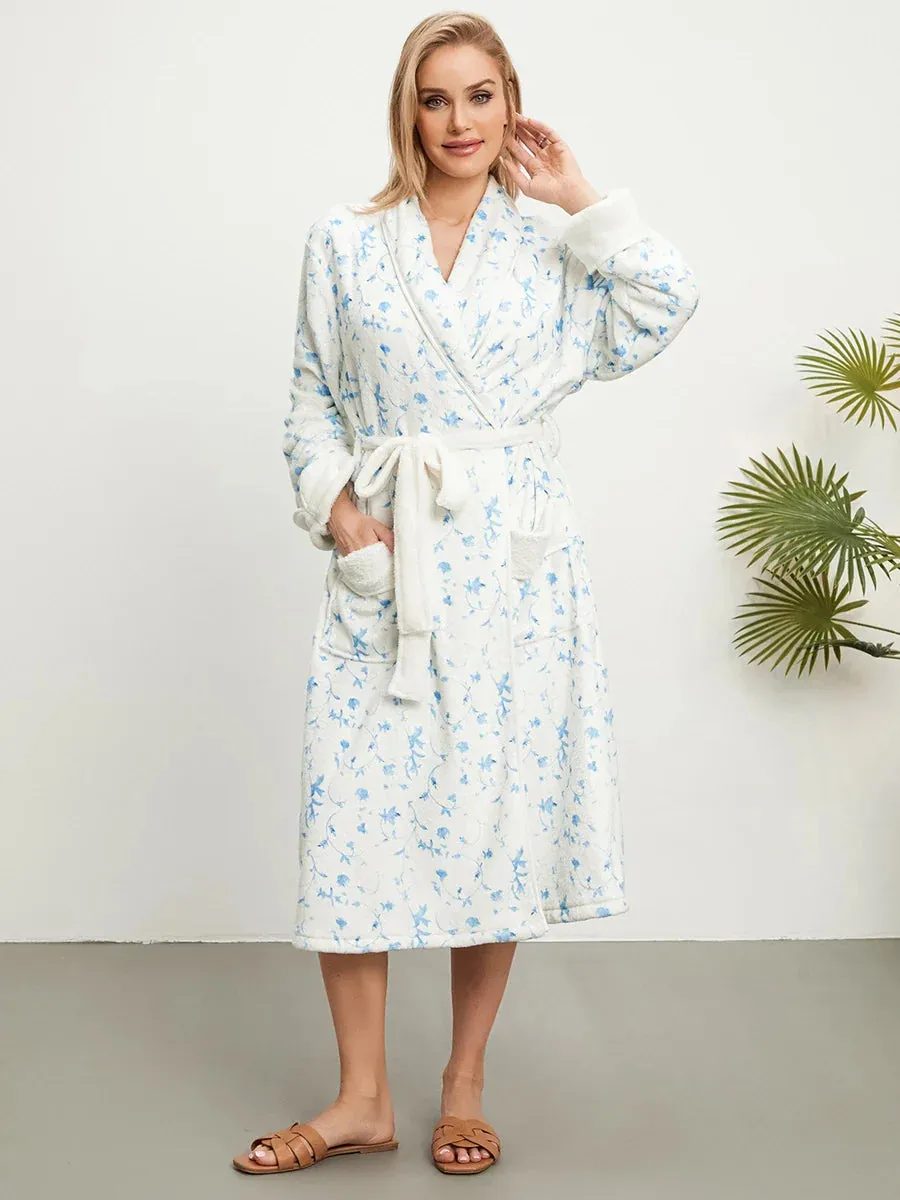 Fleece Floral Print Soft Warm Spa House Bathrobe Plush Pajamas