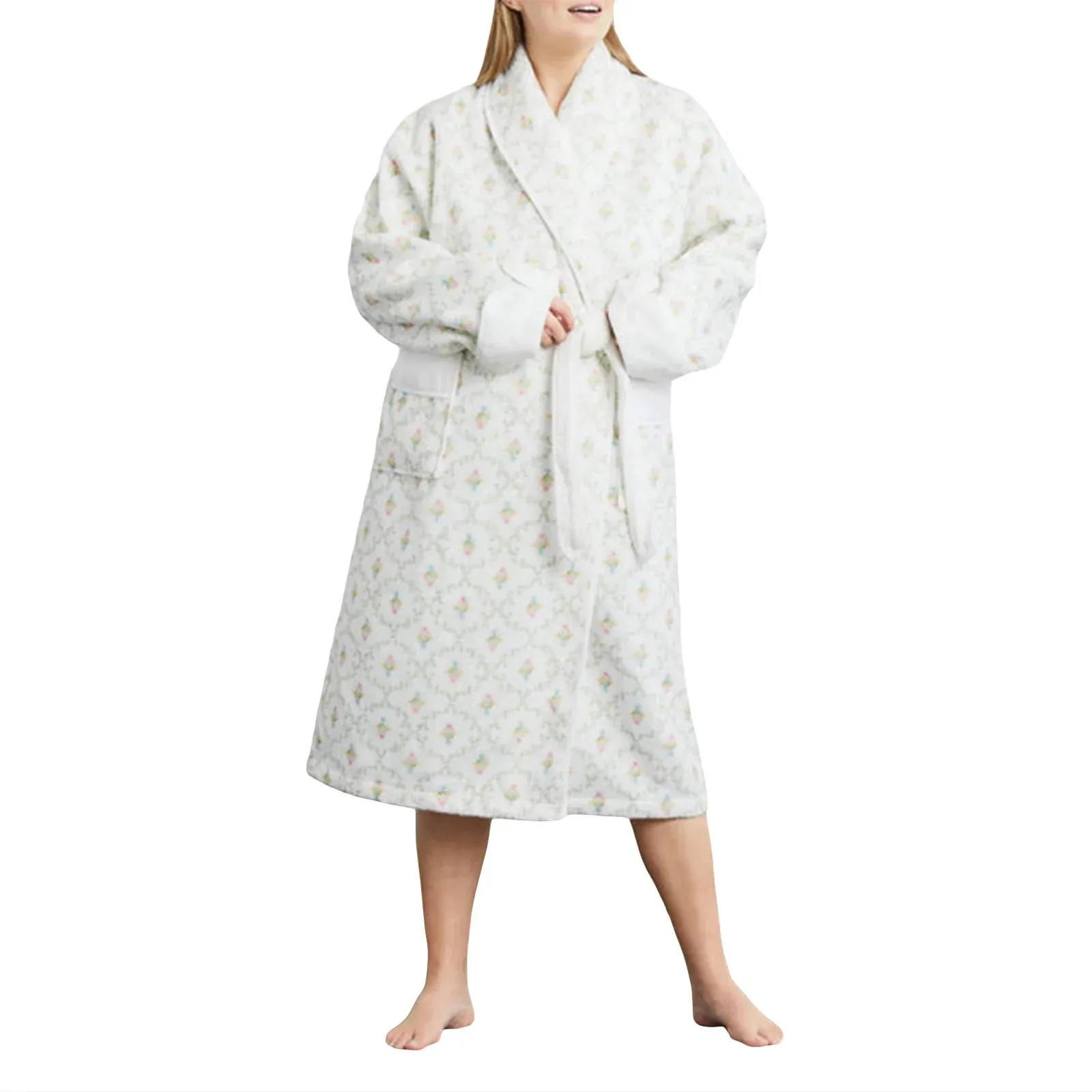 Fleece Floral Print Soft Warm Spa House Bathrobe Plush Pajamas