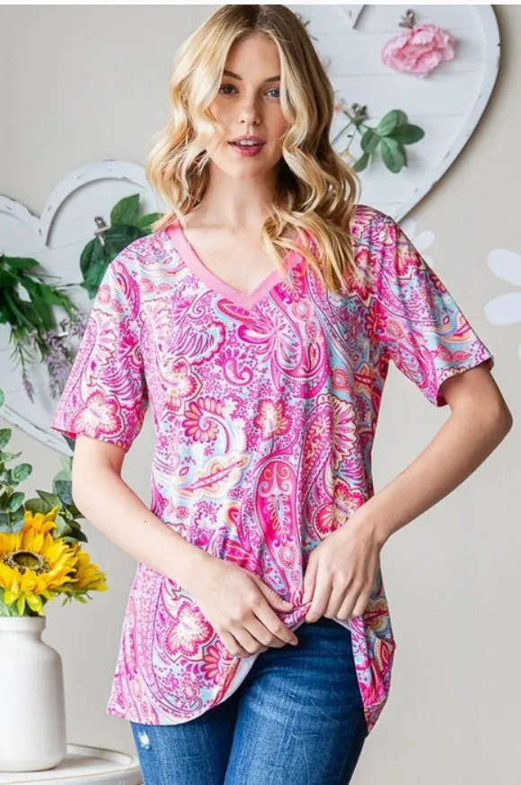 Fuchsia Paisley V-Neck Top - 3