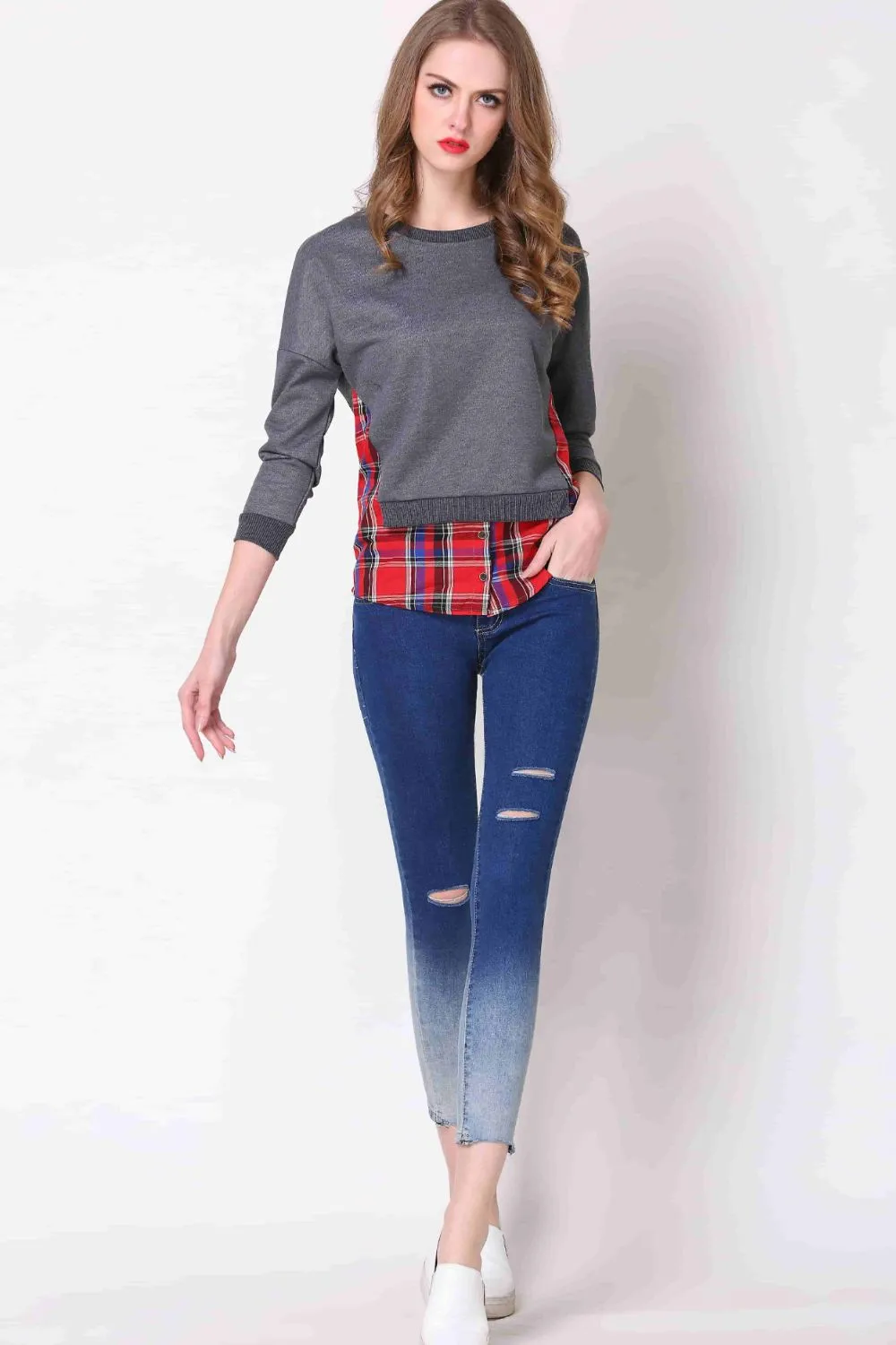 Full Size Plaid Patch Drop Shoulder Round Neck Top