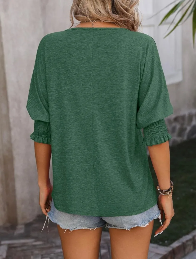 Green Heathered Smock Sleeve Top