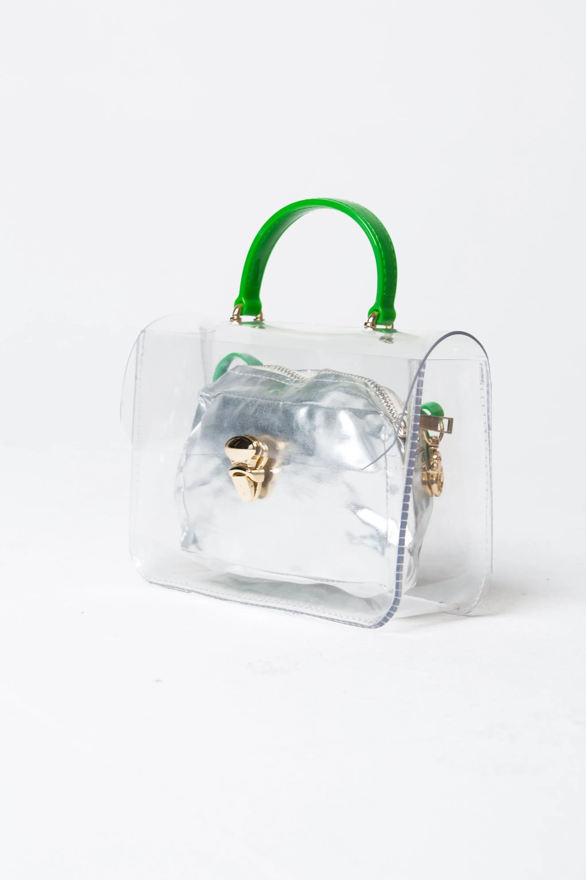 Green Transparent Slide Lock Closure Cross Body Shoulder Satchel Handbag