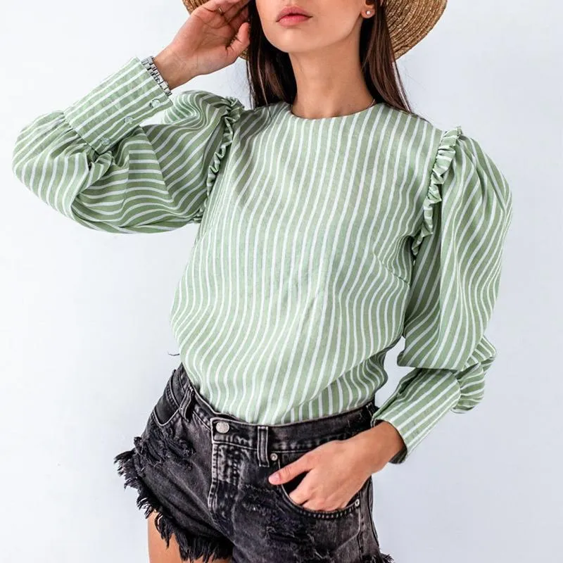 Green/White Striped Puff Sleeve Blouse