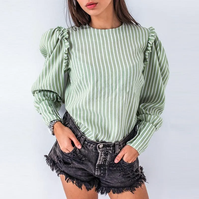 Green/White Striped Puff Sleeve Blouse