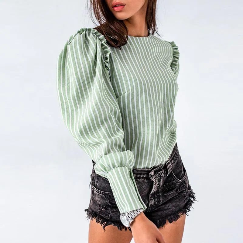 Green/White Striped Puff Sleeve Blouse