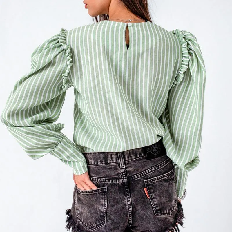 Green/White Striped Puff Sleeve Blouse