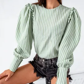 Green/White Striped Puff Sleeve Blouse