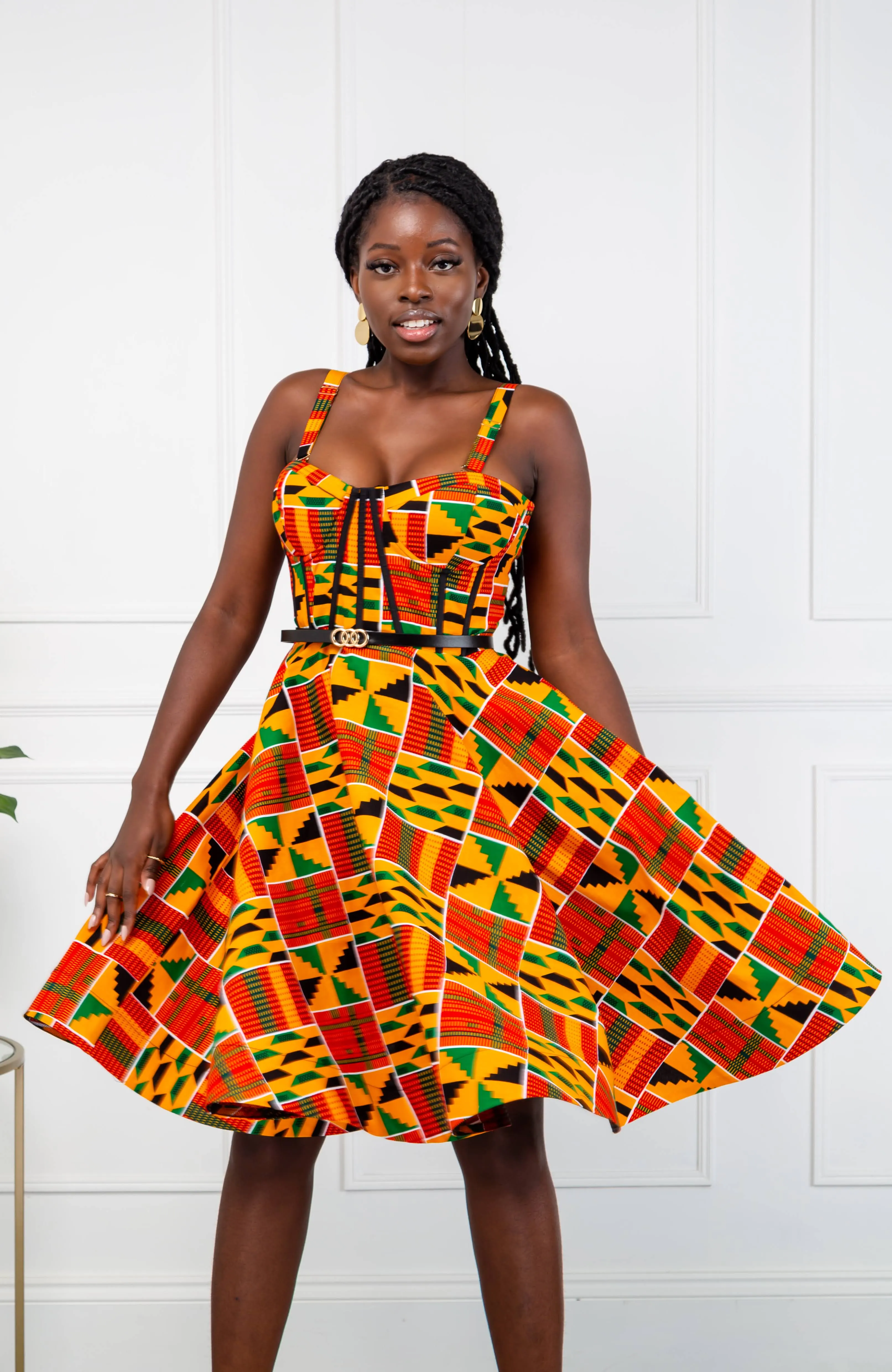 Kente African Print Fit & Flare Corset Midi Dress - KENYA