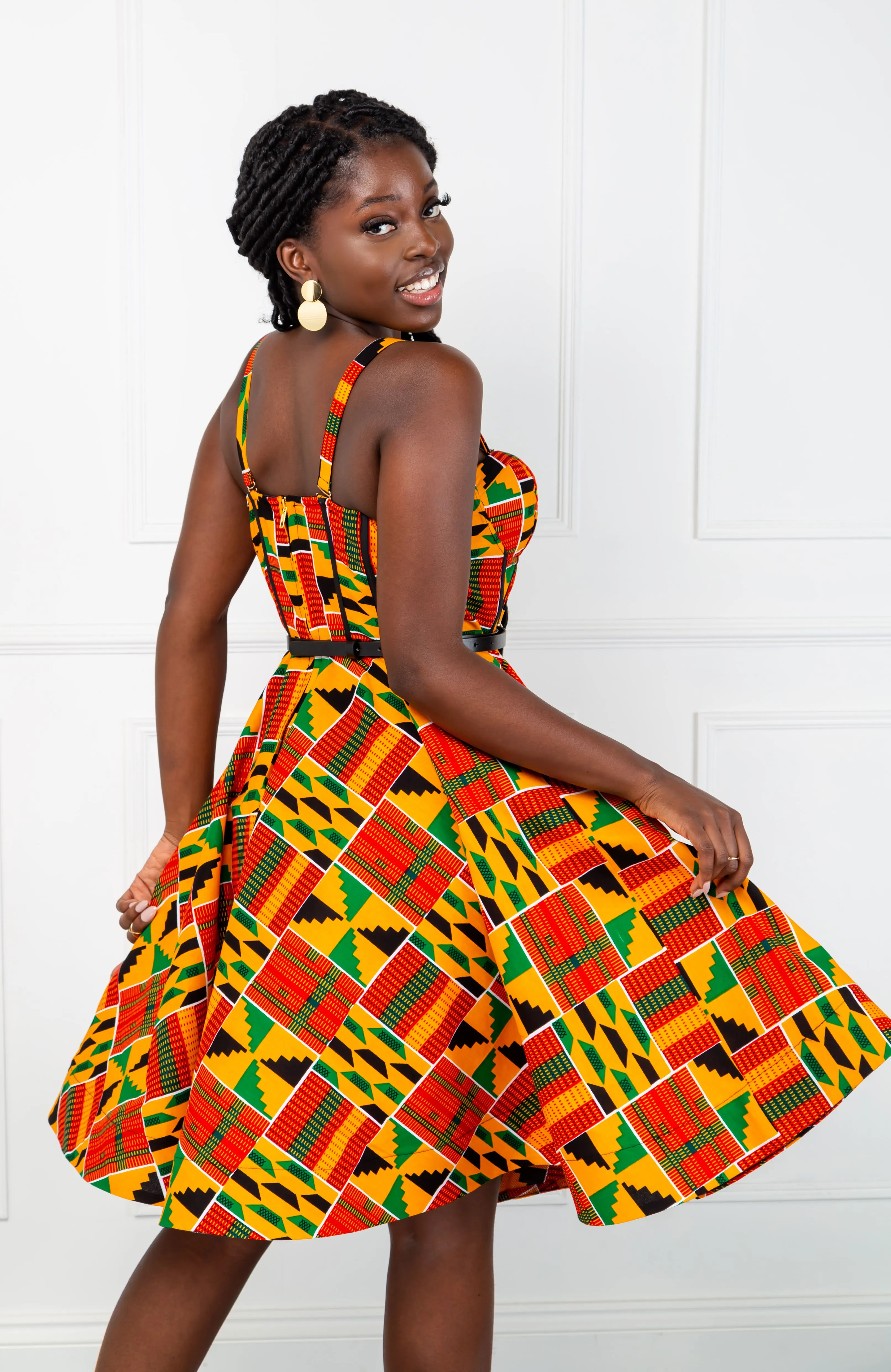 Kente African Print Fit & Flare Corset Midi Dress - KENYA