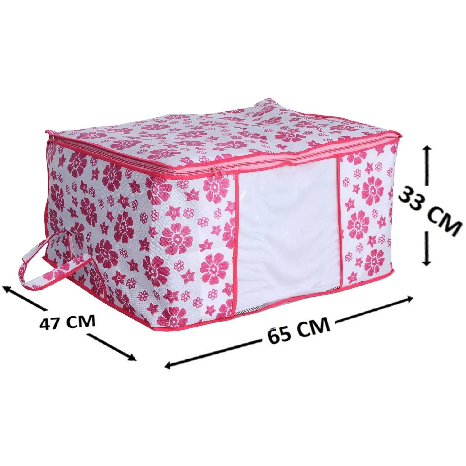 Kuber Industries Flower Design Non Woven Underbed Storage Bag, Blanket Cover with Transparent Window, Extra Large, Pink, CTKTC034477-2 Piece