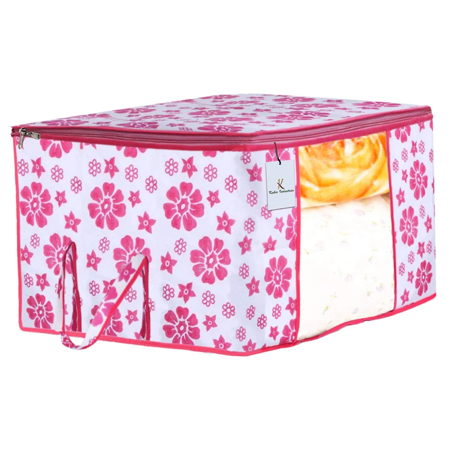 Kuber Industries Flower Design Non Woven Underbed Storage Bag, Blanket Cover with Transparent Window, Extra Large, Pink, CTKTC034477-2 Piece