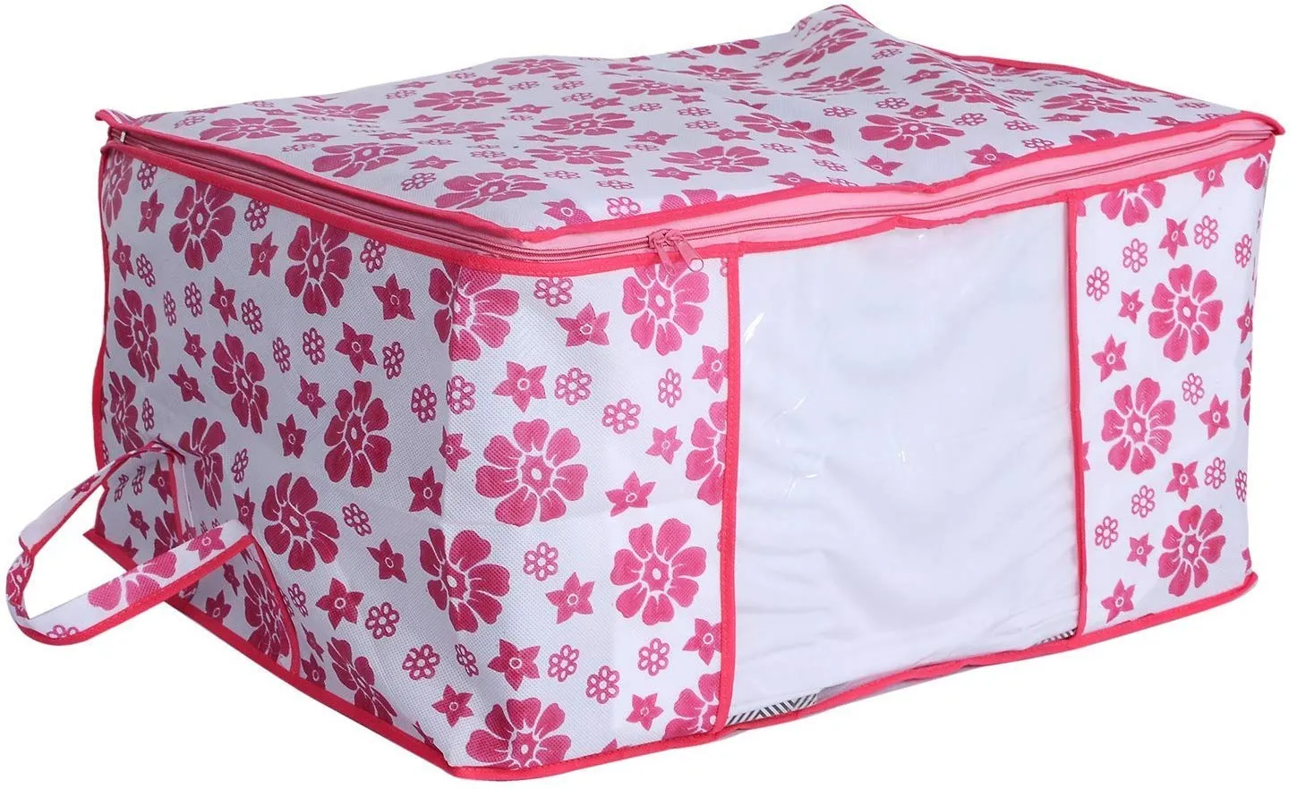 Kuber Industries Flower Design Non Woven Underbed Storage Bag, Blanket Cover with Transparent Window, Extra Large, Pink, CTKTC034477-2 Piece