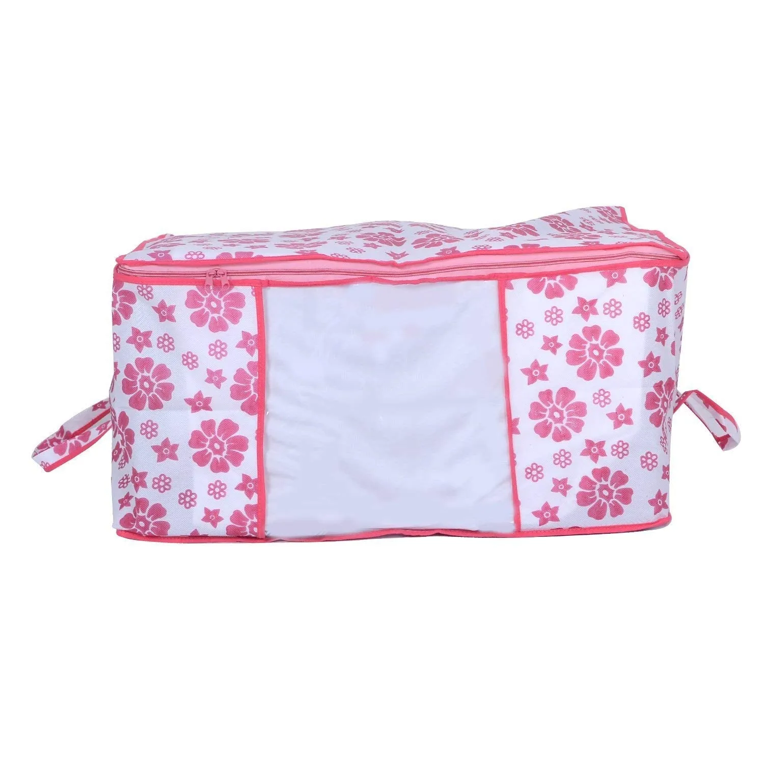 Kuber Industries Flower Design Non Woven Underbed Storage Bag, Blanket Cover with Transparent Window, Extra Large, Pink, CTKTC034477-2 Piece