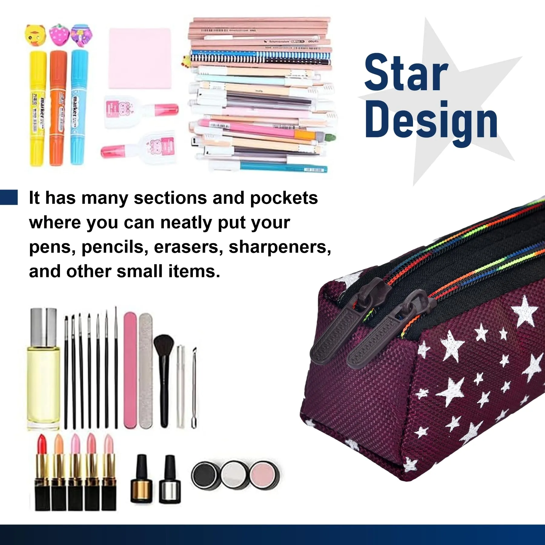 Kuber Industries Pencil Pouch|Rexine Stationary Pouch|Pencil Utility Pouch|School Pencil Case for Kids|Pen-Pencil Box for Kids|2 Zipper Pencil Organizer|Star Pencil Pouch|Pack of 2|Maroon