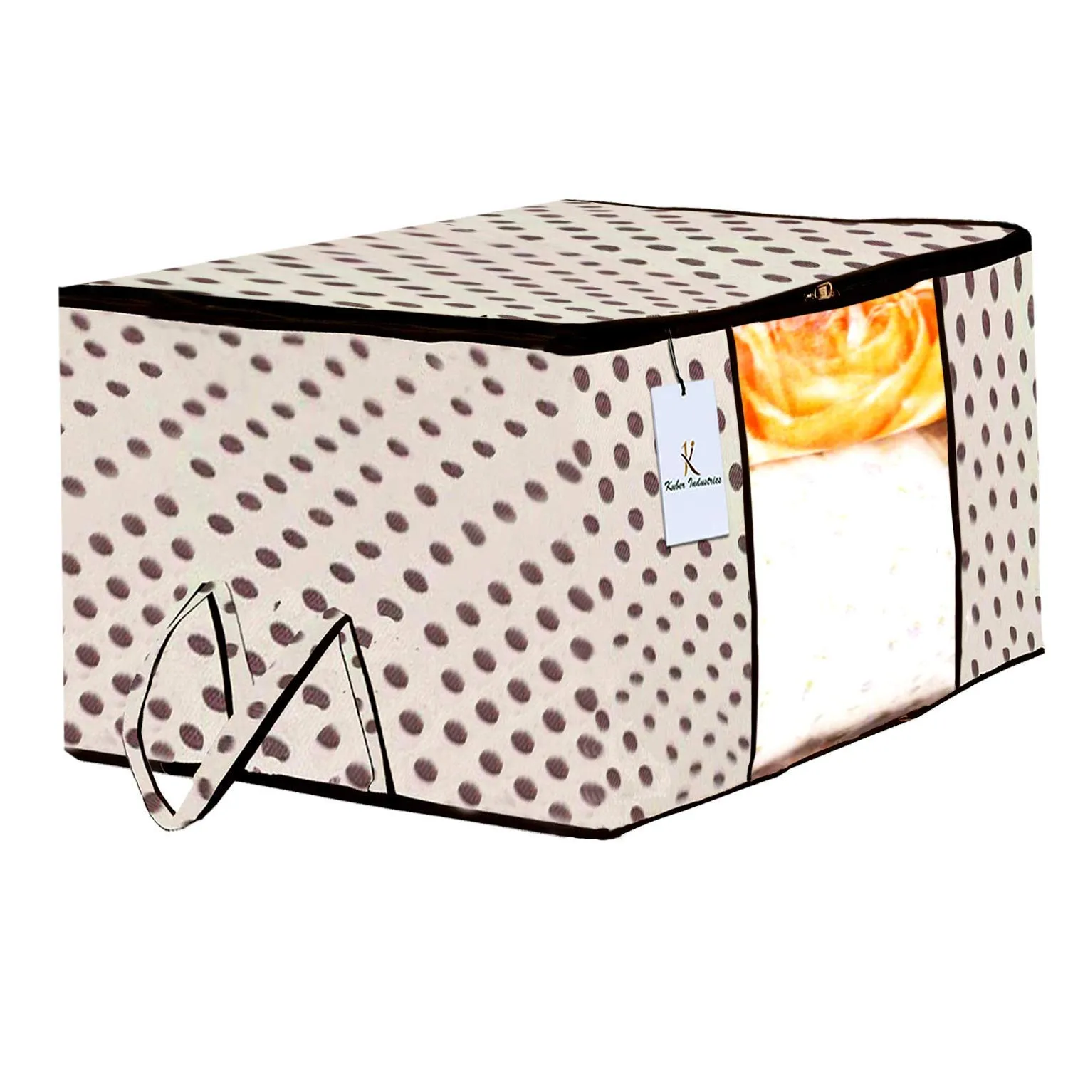 Kuber Industries Polka Dot Design 2 Piece Non Woven Fabric Underbed Storage Bag,Cloth Organiser,Blanket Cover with Transparent Window, Cream & White -CTKTC41039