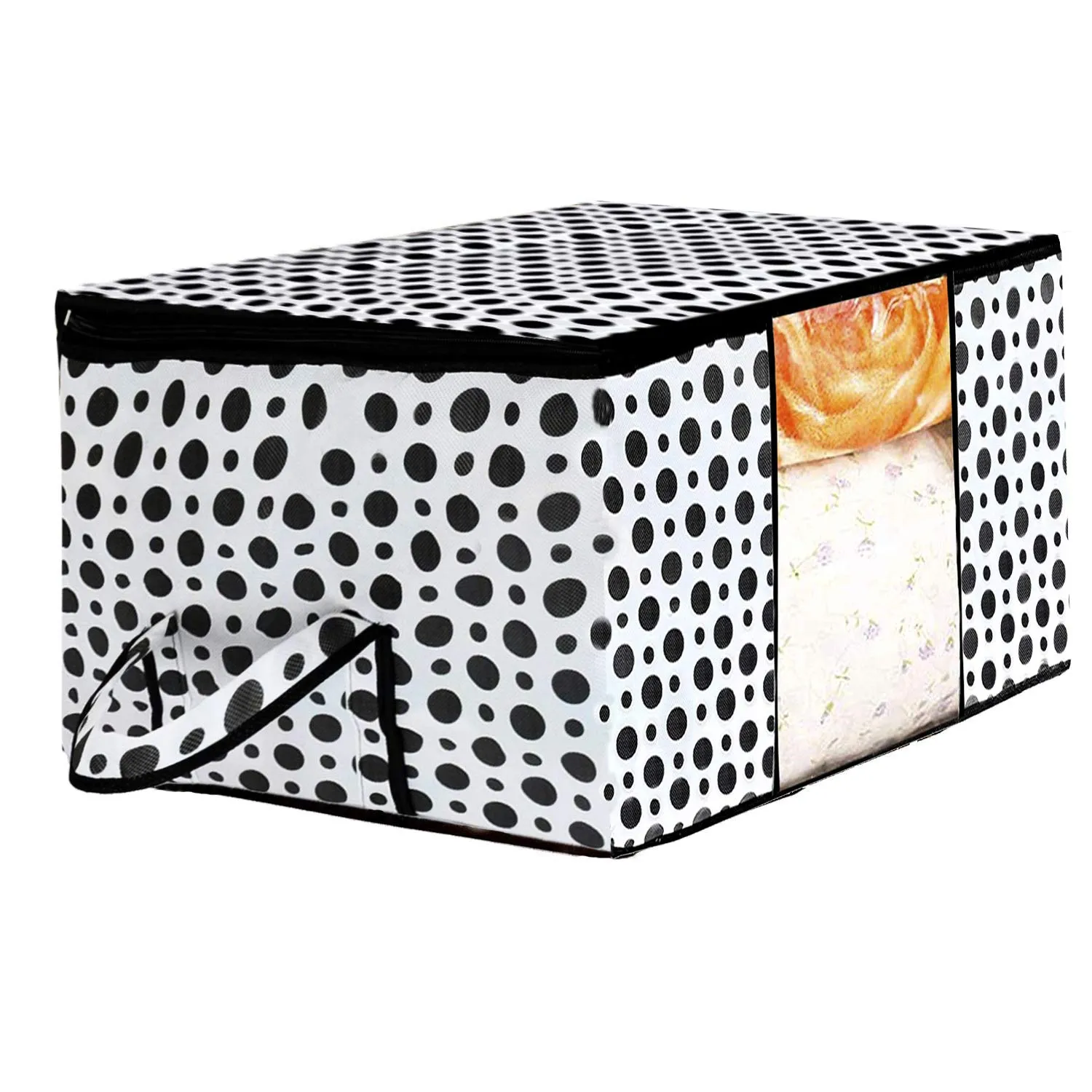 Kuber Industries Polka Dot Design 2 Piece Non Woven Fabric Underbed Storage Bag,Cloth Organiser,Blanket Cover with Transparent Window, Cream & White -CTKTC41039