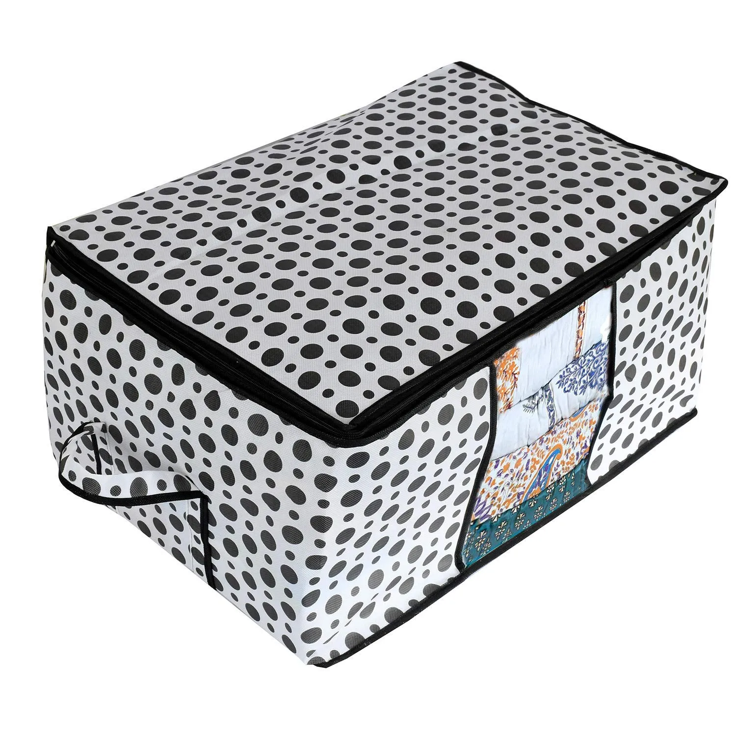 Kuber Industries Polka Dot Design 2 Piece Non Woven Fabric Underbed Storage Bag,Cloth Organiser,Blanket Cover with Transparent Window, Cream & White -CTKTC41039