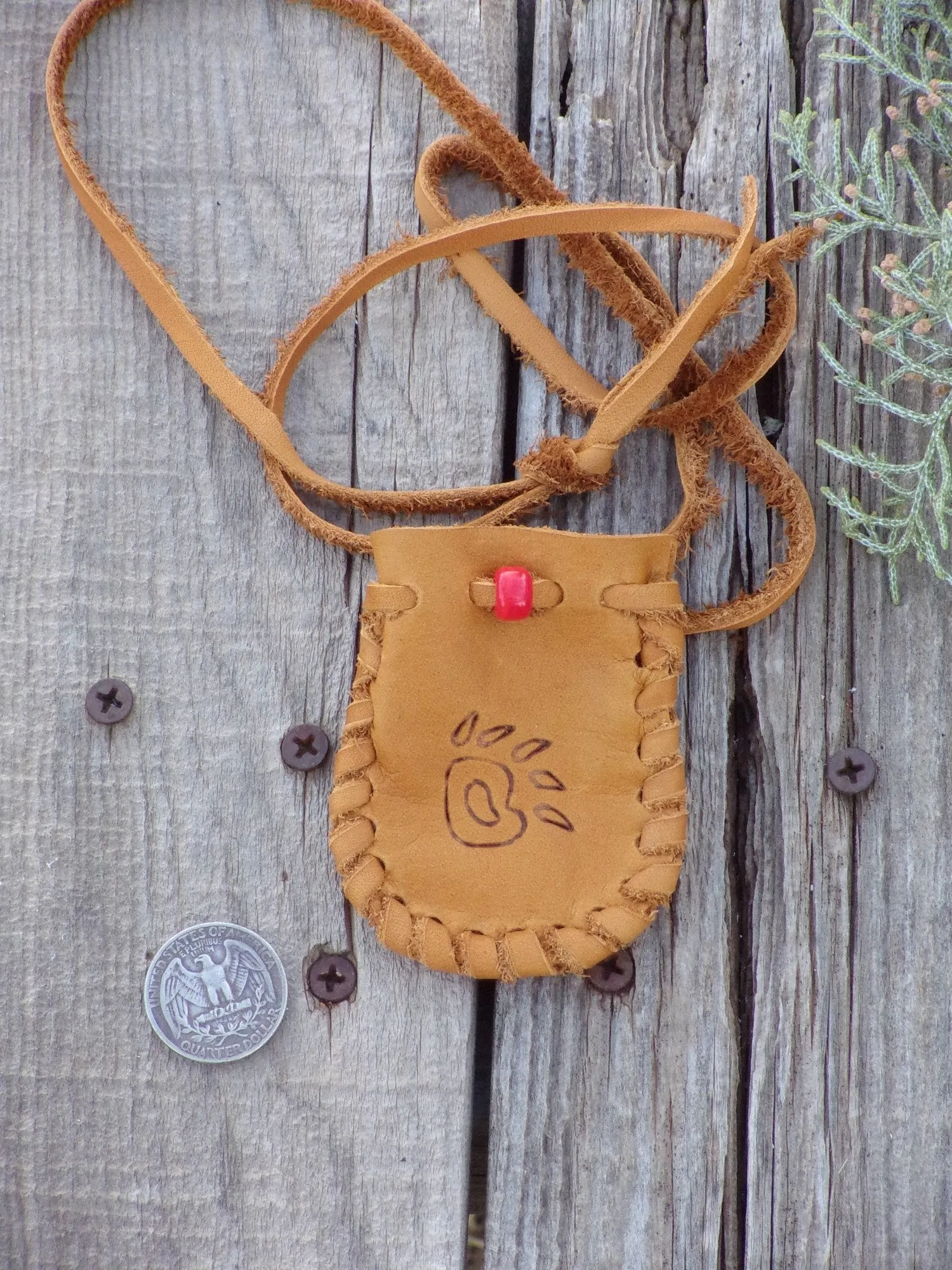 Leather medicine bag,  bear paw totem bag