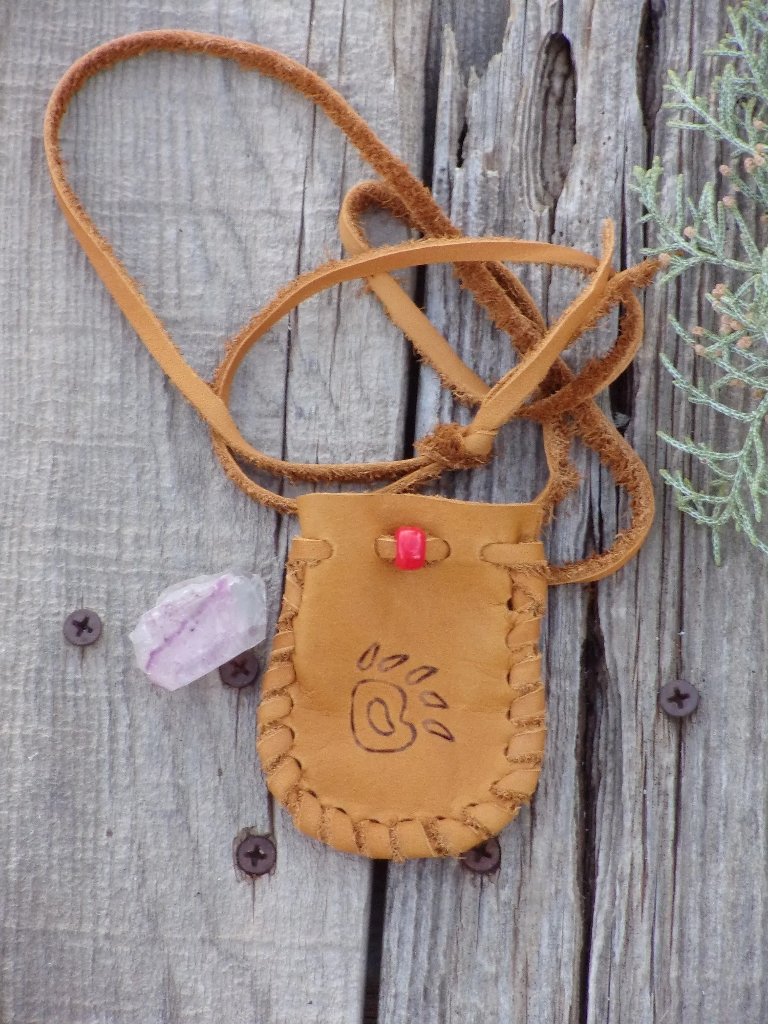 Leather medicine bag,  bear paw totem bag